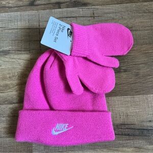 Nwt Nike Toddler Baby Beanie and Mittens 2 Piece Set 2T - 4T Swoosh Pink Knit